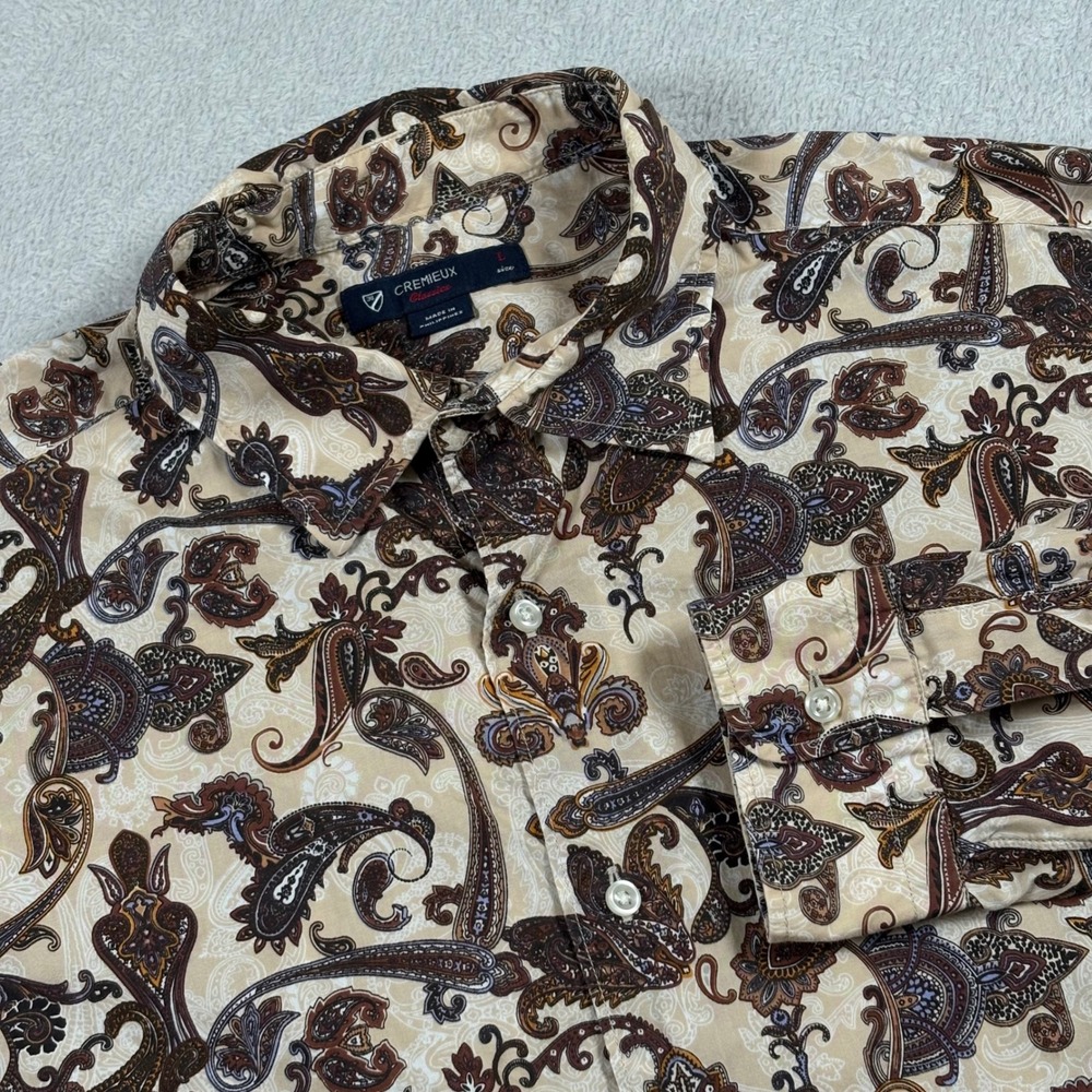 Cremieux Classics Mens Large Paisley Button Down Shirt Brown Tan Cotton Large